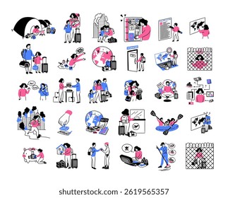 Cartoon Color Migration Concept Different Scenes Set Flat Design Style. Vector illustration of Choosing Country for Moving