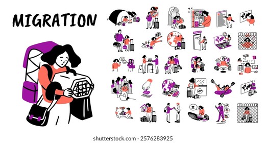 Cartoon Color Migration Concept Set Moving Concept Set Flat Design Style. Vector illustration of Scenes with Women, Men Resettlement