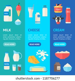 Cartoon Color Milk Products Banner Vecrtical Set Dairy Concept Flat Design Style Include of Bottle, Yogurt, Cheese and Splash. Vector illustration