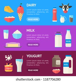 Cartoon Color Milk Products Banner Horizontal Set Dairy Concept Flat Design Style Include of Bottle, Yogurt, Cheese and Splash. Vector illustration