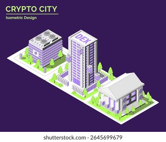 Cartoon Color Mining Farm, Blockchain Museum and DEX Building Crypto City Concept 3d Isometric View Line Elements. Vector illustration