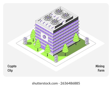 Cartoon Color Mining Farm Building Architecture Crypto City Concept 3d Isometric View Line Elements. Vector illustration of Cryptomining
