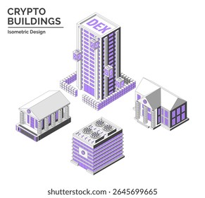 Cartoon Color Mining Farm, DEX ,Virtual Exchange and Bank Crypto Buildings Isolated on a White Background City Concept 3d Isometric View Line Elements. Vector illustration
