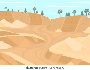 Cartoon Color Mining Stone Quarry Landscape Scene Industrial Quarrying Production Concept Flat Design Style. Vector illustration