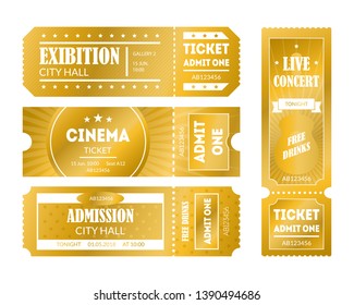 Cartoon Color Mockup Template Golden Tickets Set Concept to Access Element Flat Design Style. Vector illustration