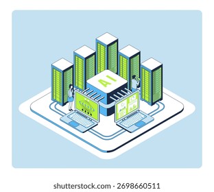 Elementos de línea de vista isométrica 3d de concepto de IA de inicio de formación de modelo de color de dibujos animados. Ilustración vectorial de la Inteligencia Artificial de Startup