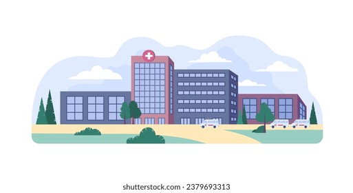 Cartoon Color Modern Building of Public Hospital or Clinic on a Landscape Scene Concept Flat Design Style. Vector illustration of Ambulance