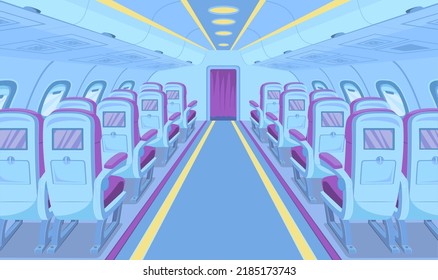 Cartoon Color Modern Plane Interior Inside with Passenger Seats and Windows Comfort Concept Flat Design Style. Vector illustration