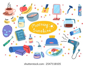 Cartoon Color Morning Routine Elements Icons Set Concept Flat Design Style Include of Toothpaste, Toothbrush and Fitness Stuff. Vector illustration