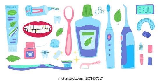 Cartoon Color Mouth Cleaning Tools Icons Set Include of Toothbrush, Tooth, Toothpaste and Mouthwash Flat Design Style. Vector illustration