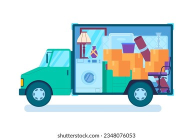 Cartoon Color Moving Home Truck with Furniture and Appliances Inside Concept Flat Design Style. Vector illustration