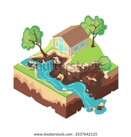 Cartoon Color Mudflow 3d Isometric View Natural Disaster Concept. Vector illustration of Landslide, Mud Stream and House Building