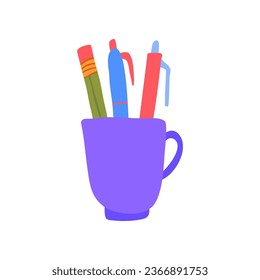 Cartoon Color Mug with Pens and Pencil Element Home Inside Interior Concept Flat Design Style. Vector illustration