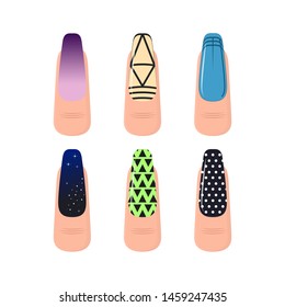 Cartoon Color Nail Service Art Elements Set Different Design Fingernails Manicure Concept Flat Style. Vector illustration