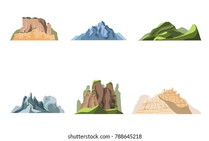 Cartoon Color Nature Landscapes Mountains Set Travel and Tourism Concept Flat Design Style. Vector illustration of Landscape Mountain
