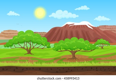 Cartoon color nature spring summer landscape in sun day with grass, trees, sky and mountains hills with snow. Vector background for games