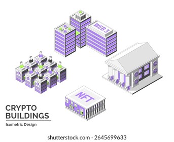 Cartoon Color NFT Gallery, Startup Coworking, Mining Farm and DAO Office Crypto Buildings Isolated on a White Background City Concept 3d Isometric View Line Elements. Vector illustration