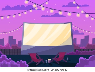 Cartoon Color Night Open Air Cinema Scene Concept. Vector illustration of Empty Outdoor Movie Theater with Screen