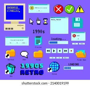 Cartoon Color Nineties Retro Computer Sticker Old Interface Set Technology Pc Concept Flat Design Style. Vector illustration