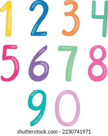 Cartoon color numbers from Zero to Nine. Hand drawn vector art. Rainbow colors