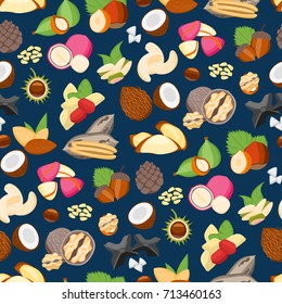Cartoon Color Nuts Background Pattern on a Blue Flat Design Style. Natural Healthy Snack Food Vector illustration