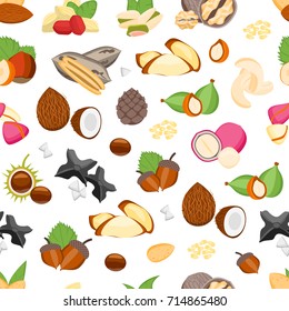 Cartoon Color Nuts Background Pattern on a White Flat Design Style. Natural Healthy Snack Food Vector illustration