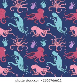 Cartoon color octopuses seamless pattern. Underwater invertebrate animals. Sea shellfishes. Tentacles with suction cups. Swimming krakens. Cephalopod mollusks. Garish