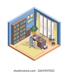 Cartoon Color Office Room Interior Inside Concept 3d Isometric View Line Elements. Vector illustration of Cabinet