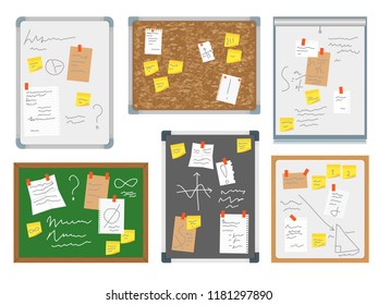 Cartoon Color Office Wall Board Pin Set Note and Reminder Concept Flat Design Style. Vector illustration of Noticeboard