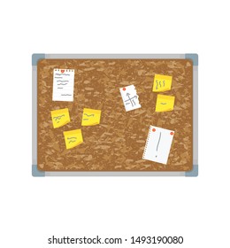 Cartoon Color Office Wall Brown Board Pin Note and Reminder Concept Flat Design Style. Vector illustration of Noticeboard