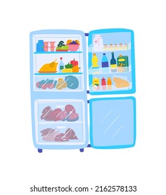 Cartoon Color Open View Full Food Fridge Flat Design Style Kitchen Appliance. Vector illustration of Refrigerator