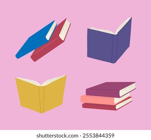 Cartoon Color Opened and Closed Books, Notebooks or Diaries Set Literature for Reading, Education Concept Flat Design Style. Vector illustration