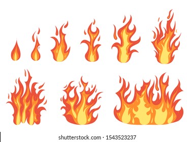 Cartoon Color Orange Fire Flame Set on a White Background Symbol of Blaze Bonfire Flat Design Style. Vector illustration
