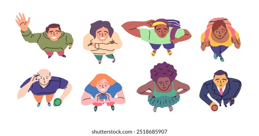 Caricatura Color Personajes De Cabeza Personas Mirando Hacia Arriba Concepto Estilo De Diseño Plano Vista Arriba Abajo. Ilustración vectorial