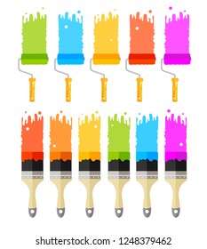 Cartoon Color Paint, Roller and Brushes Set Element for Renovation, Repair or Decoration. Vector illustration of Paintbrush