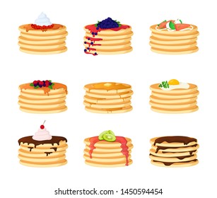 Cartoon Color Pancakes with Different Toppings Set Include of Chocolate, Strawberry, Syrup, Butter, Honey and Blueberry. Vector illustration