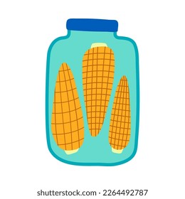 Cartoon Color Pickled Corn in Jar Icon Homemade Preserve Concept Flat Design Style. Vector illustration
