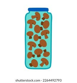 Cartoon Color Pickled Mushrooms in Jar Icon Homemade Preserve Concept Flat Design Style. Vector illustration