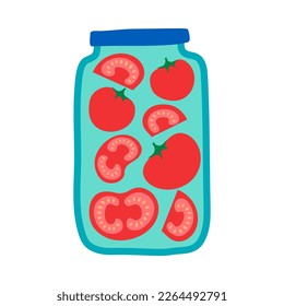 Cartoon Color Pickled Tomatoes in Jar Icon Homemade Preserve Concept Flat Design Style. Vector illustration