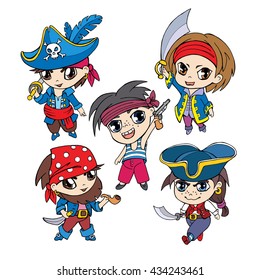 Cartoon color Pirates Heroes Set in style Chibi-Art. Vector illustration.