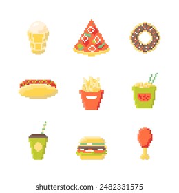 Cartoon Color Pixel Art Fast Food Icon Set Concept Flat Design Style Include of Burger, Pizza, Donut, Chicken and Coffee. Vector illustration of Menu Elements