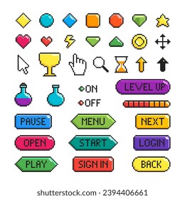 Cartoon Color Pixel Game Button Icon Set Elements Interface Bar Concept Flat Design Style. Vektorgrafik der Schaltflächen des Gaming-Menüs - Symbole