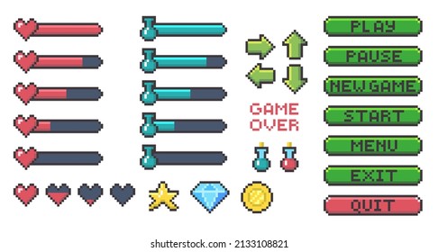 Cartoon Color Pixel Game UI Button Icon Set Flat Design Style Concept. Vector illustration of Menu, Start, Play Buttons