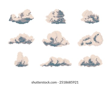 Cartoon Color Pixelated 8 Bit Clouds Set Game Concept Flat Design Style. Vector illustration of Flying Fluffy Cloud
