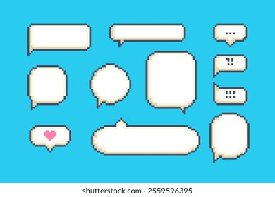 Cartoon Color Pixelated 8 Bit Different Types Dialogue Box Set. Vector illustration of Empty Chat Speech Bubbles