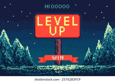 Cartoon Color Pixelated 8 Bit Level Up Screen Background Arcade Interface. Vector illustration of Pixel Art Next Level