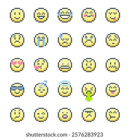 Cartoon Color Pixelated 8 Bit Emoticon with Different Emotions Cute Faces Set. Vector illustration of Expression Happy, Sad or Angry Mood
