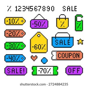 Cartoon Color Pixelated 8 Bit Different Types Sale Tags Set Shopping Concept. Vector illustration of Labels Pixel Art