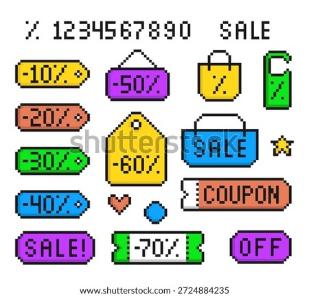 Cartoon Color Pixelated 8 Bit Different Types Sale Tags Set Shopping Concept. Vector illustration of Labels Pixel Art
