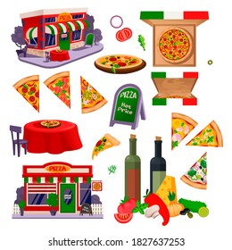 Cartoon Color Pizza Making Icons Set Flat Design Style Include of Facade and Menu. Vector illustration of Icon